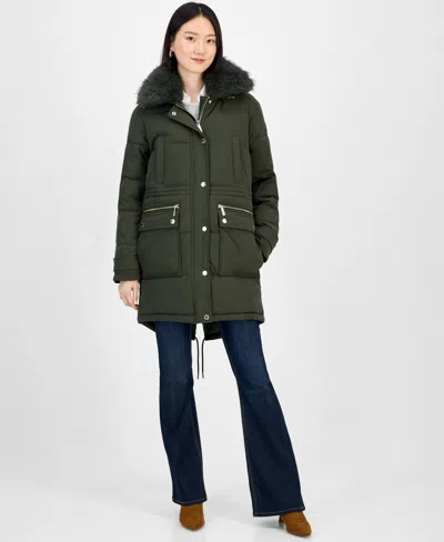 Michael Kors Michael  Women's Faux-fur-trim Hooded Puffer Coat In Green