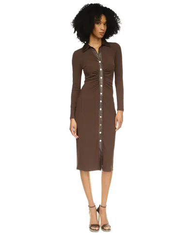 Michael Kors Michael  Women's Faux-leather Trim Midi Dress In Chocolate