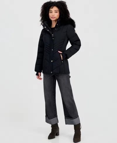Michael Kors Michael  Women's Faux-fur-trim Hooded Puffer Coat In Black