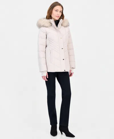 Michael Kors Michael  Women's Faux-fur-trim Hooded Puffer Coat In White