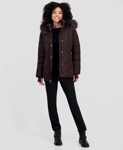 Michael Kors Michael  Women's Faux-fur-trim Hooded Puffer Coat In Brown