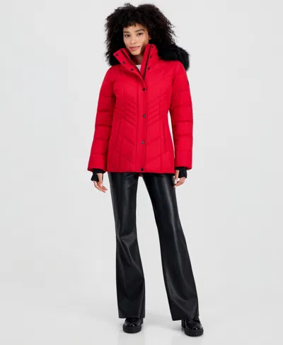 Michael Kors Michael  Women's Faux-fur-trim Hooded Puffer Coat In Red