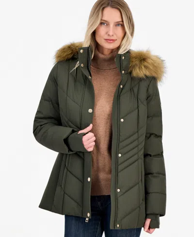 Michael Kors Michael  Women's Faux-fur-trim Hooded Puffer Coat In Green