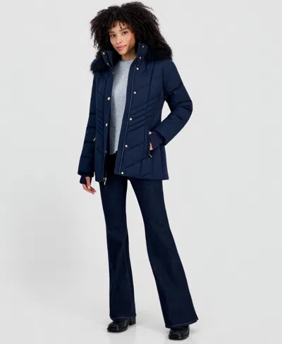 Michael Kors Michael  Women's Faux-fur-trim Hooded Puffer Coat In Blue