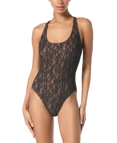 Michael Kors Michael  Women's Floral Lace Cross Back One-piece Swimsuit In Black