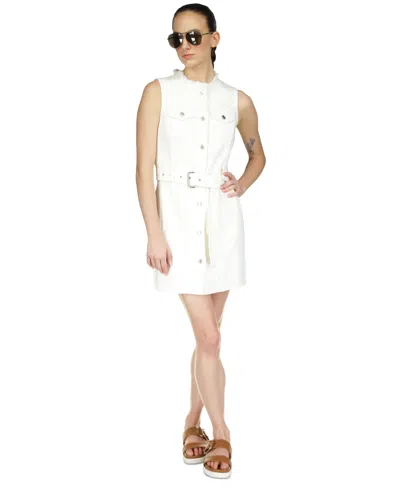 Michael Kors Michael  Frayed Neck Denim Shirt Dress In Optic White