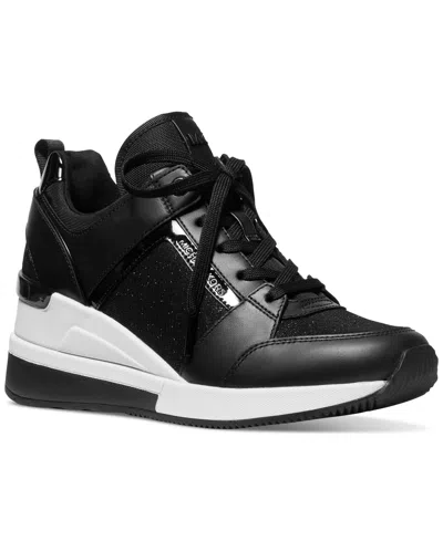 Michael Kors Georgie Nylon And Crocodile Embossed Leather Trainer In Black