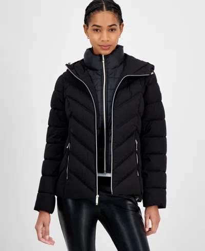 Michael Kors Michael  Women's Hooded Bibbed Packable Puffer Coat In Black