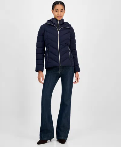 Michael Kors Michael  Women's Hooded Bibbed Packable Puffer Coat In Blue