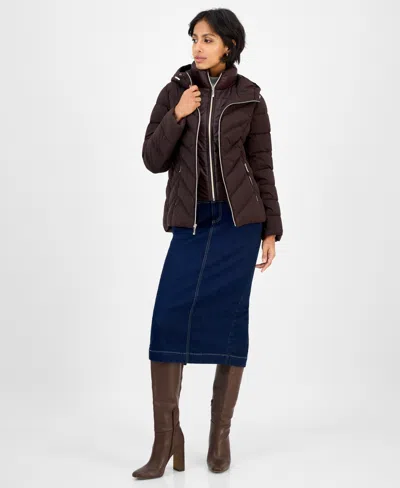 Michael Kors Michael  Women's Hooded Bibbed Packable Puffer Coat In Brown