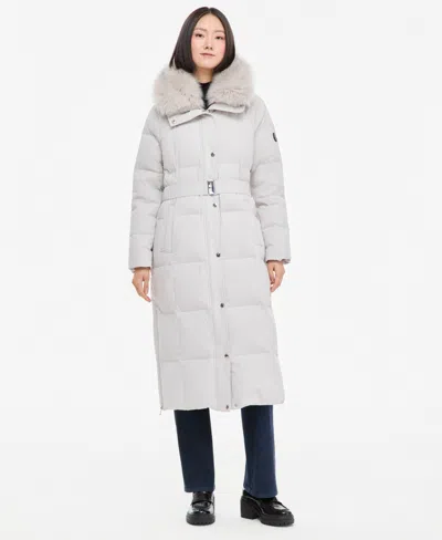 Michael Kors Michael  Women's Hooded Puffer Belted Faux-fur-collar Coat In Carbon Grey