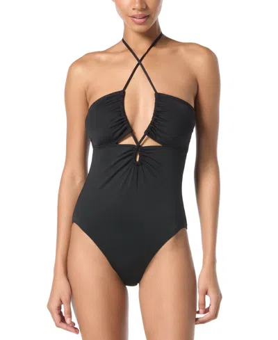 Michael Kors Michael  Women's Laced Keyhole Halter One-piece Swimsuit In Black
