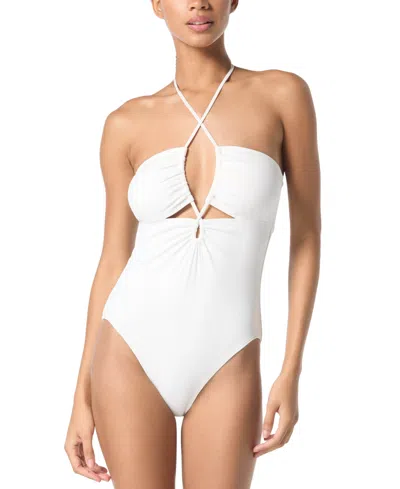 Michael Kors Michael  Women's Laced Keyhole Halter One-piece Swimsuit In White