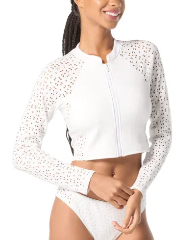Michael Kors Michael  Womens Laser Cut Long Sleeve Rash Guard Laser Cut Hipster Bikini Bottoms In White