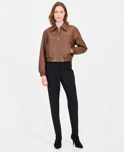 Michael Kors Michael  Women's Leather Zip-up Bomber Jacket In Brown