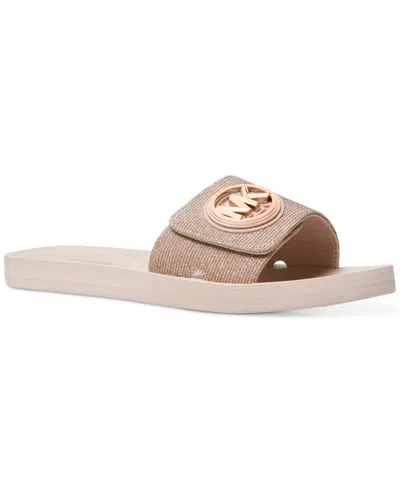 Michael Kors Michael  Women's Mk Charm Pool Slide Slip-on Flat Sandals In Soft Pink,rose Gold