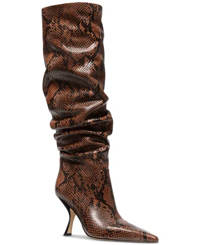 Michael Kors Michael  Women's Luna Leather Snake Knee High Slouch Boots In Luggage