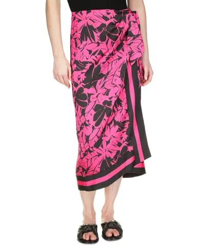 Michael Kors Michael  Women's Lush Palm-print Faux-wrap Midi Skirt In Cerise