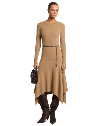 Michael Kors Michael  Women's Merino Wool-blend Handkerchief Hem Midi Sweater Dress In Brown