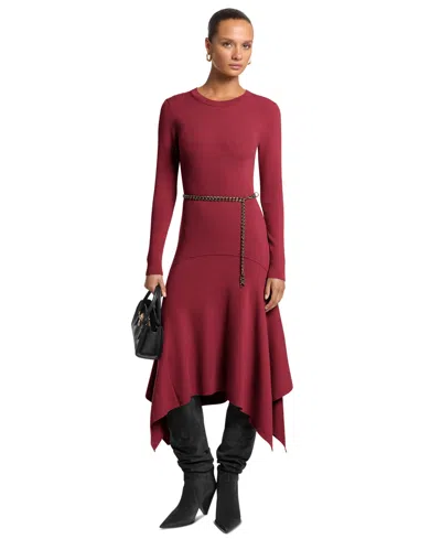 Michael Kors Michael  Women's Merino Wool-blend Handkerchief Hem Midi Sweater Dress In Burgundy