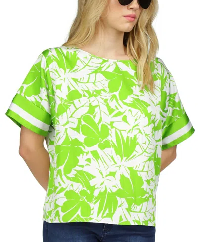 Michael Kors Michael  Petite Palm-print Satin Twill Short-sleeve Blouse In Green Apple