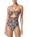 Michael Kors Michael  Women's Printed Bandeau Cut Out One-piece Swimsuit In Black