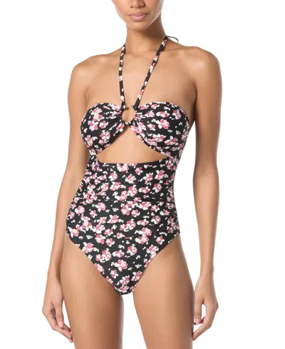 Michael Kors Michael  Women's Printed Bandeau Cut Out One-piece Swimsuit In Dark Dusty Rose