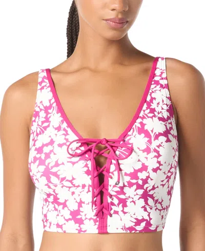 Michael Kors Michael  Women's Printed Lace-up V-neck Bikini Top In Bright Wild Berry