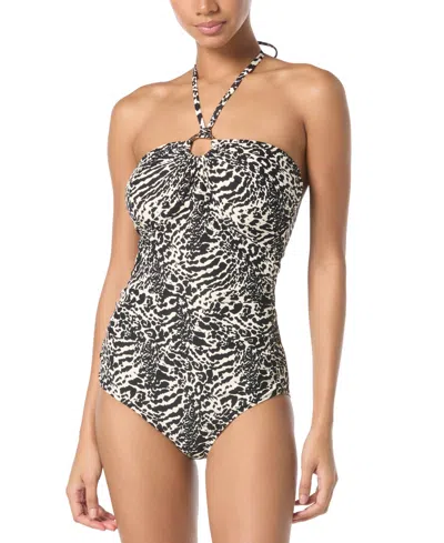 Michael Kors Michael  Women's Printed Logo-ring Shirred One- Piece Swimsuit
