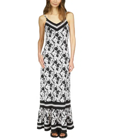 Michael Kors Michael  Women's Printed Ruffle-hem Maxi Dress In Black,white