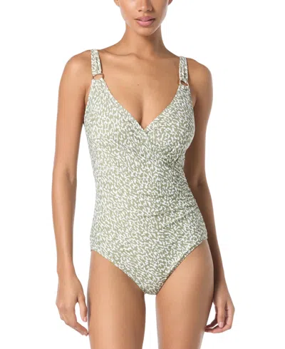 Michael Kors Michael  Women's Printed Surplice-neck One-piece Swimsuit In Safari Green