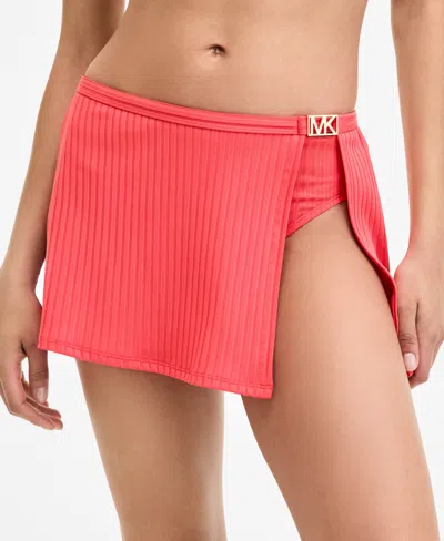 Michael Kors Michael  Women's Ribbed Side-slit Swim Skirt In Pink