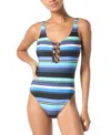 Michael Kors Michael  Women's Ring-front One-piece Swimsuit In Black,blue Multi