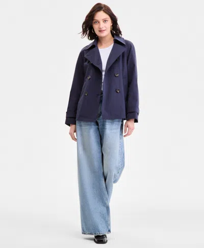 Michael Kors Michael  Women's Short Double-breasted Trench Coat In Blue
