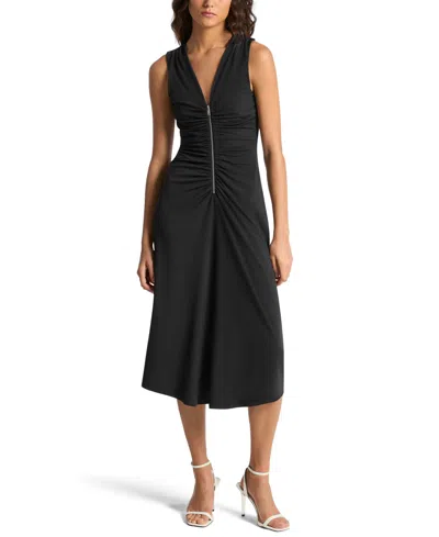 Michael Kors Michael  Women's Sleeveless Center Front Zipper Midi Dress In Black