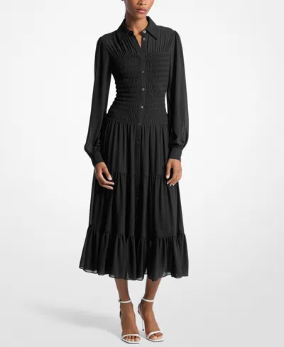 Michael Kors Michael  Women's Smocked Button-down Shirt Dress In Black