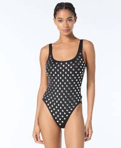 Michael Kors Michael  Women's Studded Scoop Neck One Piece Swimsuit In Black