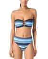 Michael Kors Michael  Womens Bandeau Ring Bikini Top High Leg Bikini Bottoms In Black,blue Multi