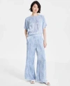 Michael Kors Michael  Womens Chambray Petal Sleeve Top Front Pleat Wide Leg Pants Sandals In Black