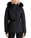 Michael Kors Scuba Quilted Belted Coat Jacket With Fur Hood In Black In Black