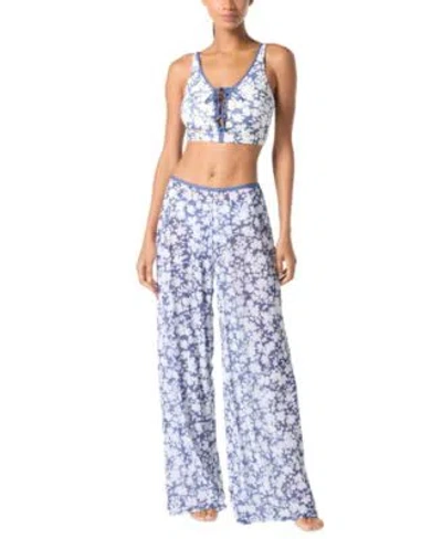 Michael Kors Michael  Womens Printed Lace Up Bikini Top Printed Cover Up Pants In Blue