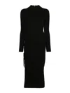 Michael Kors Black Crewneck Midi Dress With Ruched Detail In Wool Woman In Black