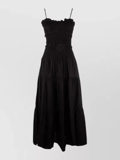 Michael Kors Midi Dress Smocked Bodice Spaghetti Straps Tiered Skirt In Black