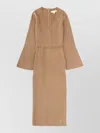 Michael Kors Midi Dress With V-neckline And Long Sleeves In Neutral