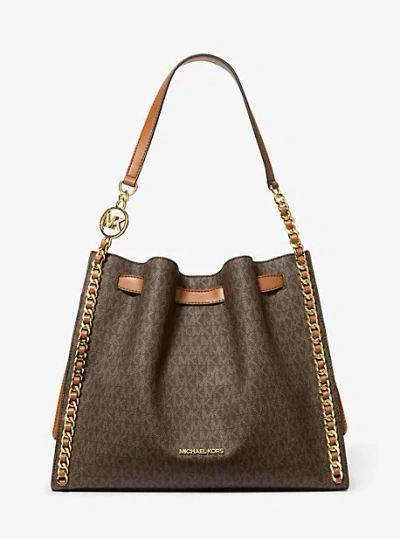 Michael Kors Mina Large Signature Logo Chain Shoulder Bag In Brown