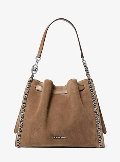Michael Kors Mina Large Suede Chain Shoulder Bag In Brown