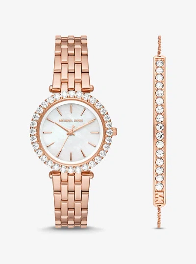 Michael Kors Mini Darci Pave Rose Gold-tone Watch And Bracelet Gift Set