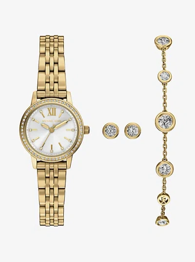Michael Kors Mini Melissa Pavé Gold-tone Watch And Jewelry Set In Multi