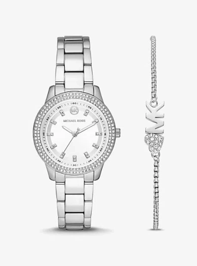 Michael Kors Mini Tibby Pavé Silver-tone Watch And Bracelet Gift Set