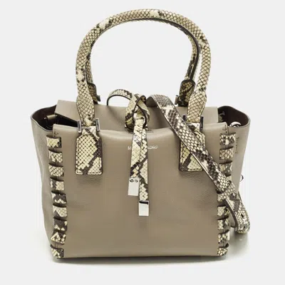 Pre-owned Michael Kors Miranda Mini Beige/cream Leather And Python Trim Tote In Sand